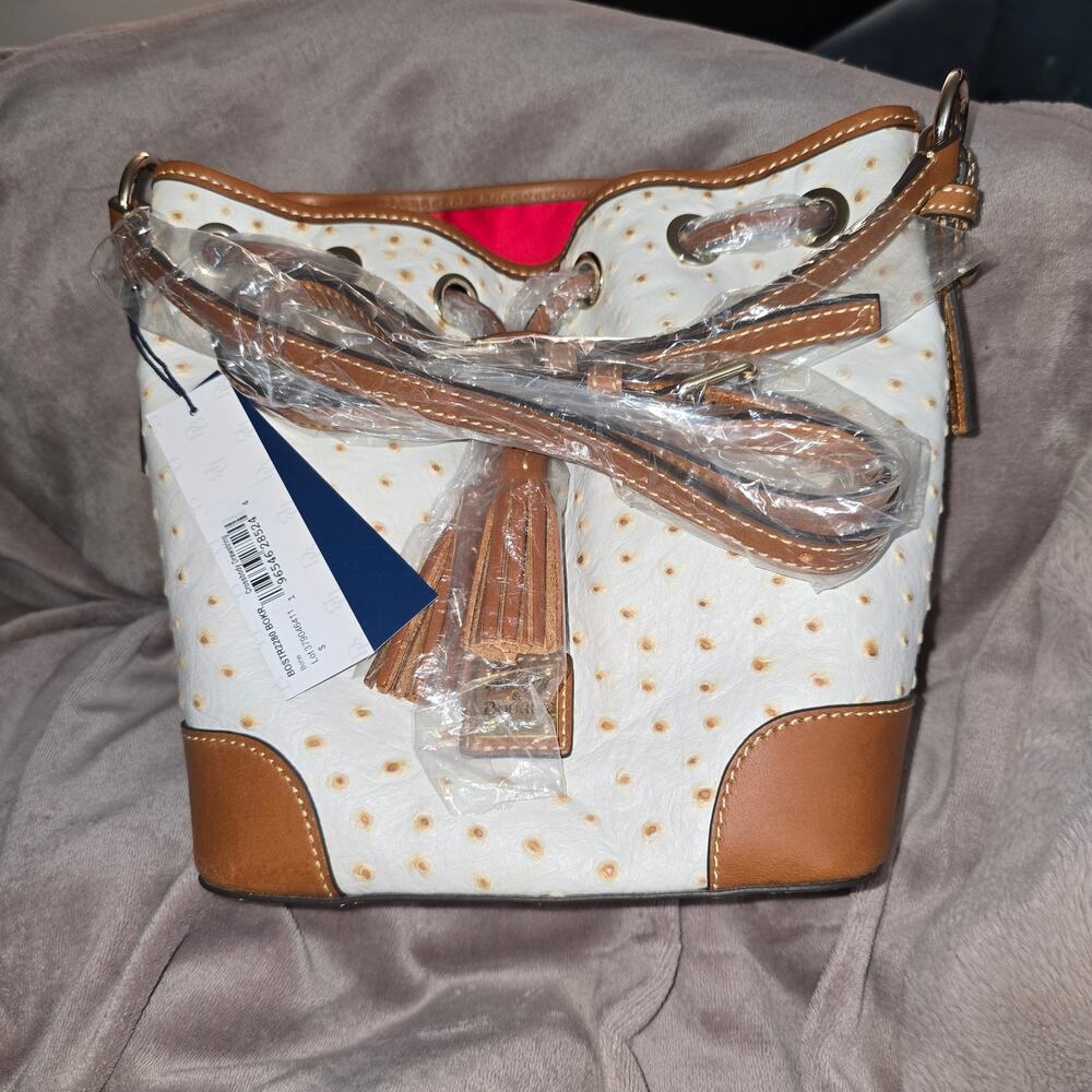 NWT Dooney & Bourke Ostrich Drawstring Bag Bone Brandy Leather Bucket Purse